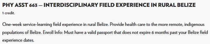 Phy Asst 663 - Interdisciplinary Field Experience in Rural Belize: 1 credit