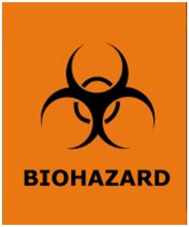 orange label with black biohazard symbol in the center and the word biohazard below it